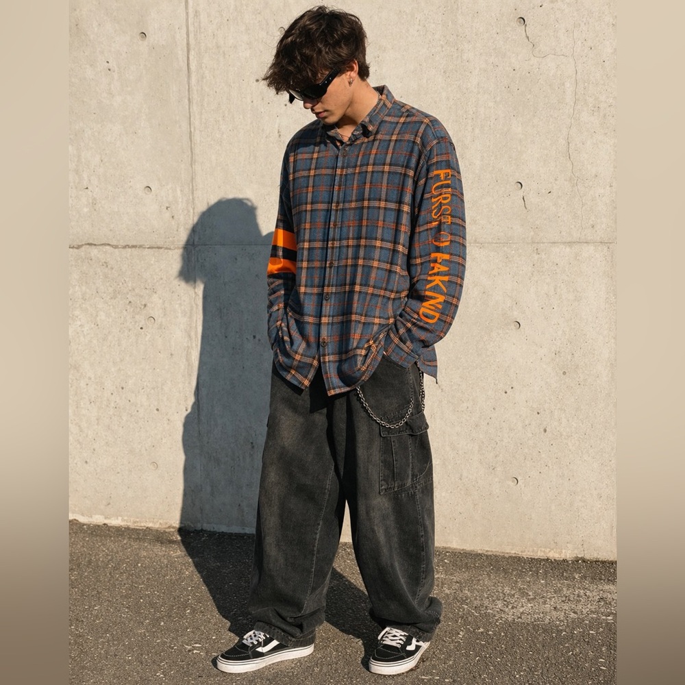 Furst of a Kind Upcycled Plaid Flannel Shirt Orange Graphic Sleeve Streetwear M